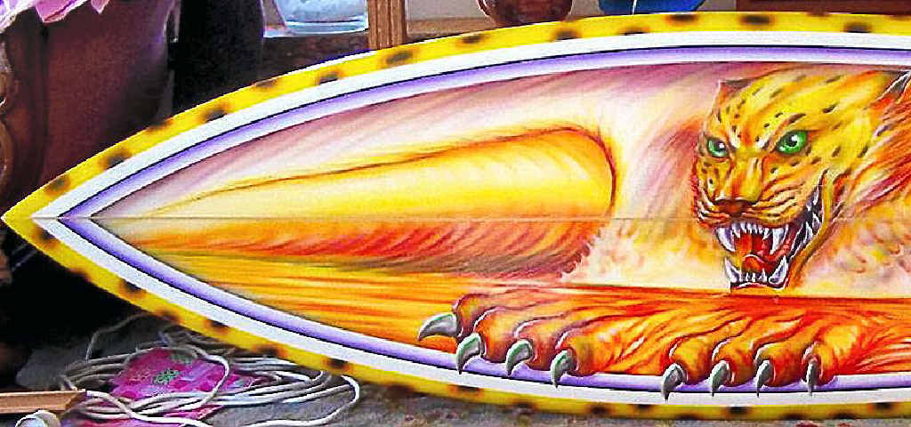 PREDATORY VISUAL: Mr Davidson’s tiger-wave board. PREDATORY VISUAL: Mr Davidson’s tiger-wave board.